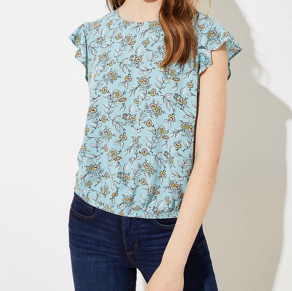 LOFT floral fluttery sleeves flowy crop top, small, blue